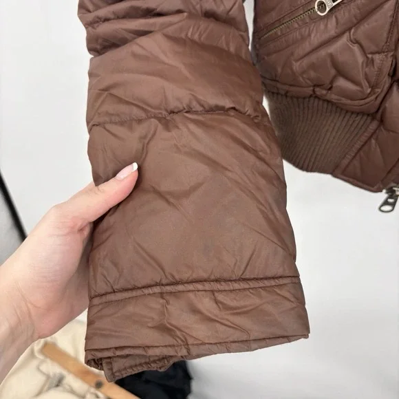 Vintage Abercrombie & Fitch Puffer Jacket Medium Down Cropped Faux Fur Hood Y2K